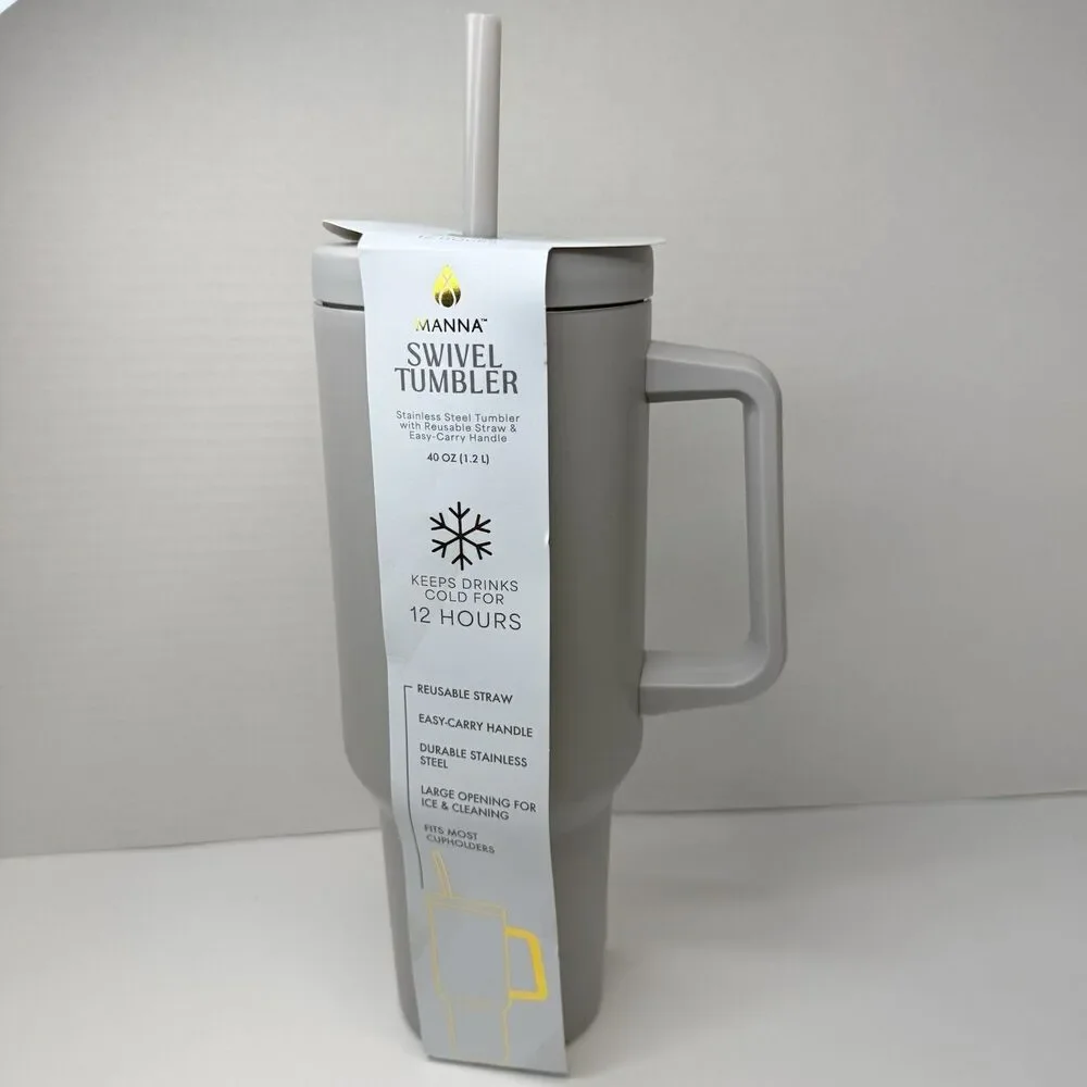 MANNA Easy Carry Handle Stainless Steel Tumbler Gray 40 Oz Reusable Straw New